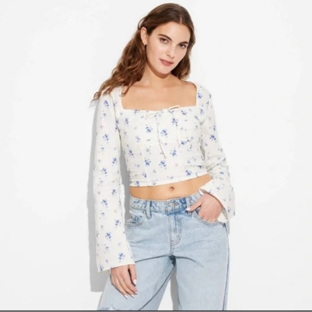 Floral White and Blue Milkmaid Women's Top